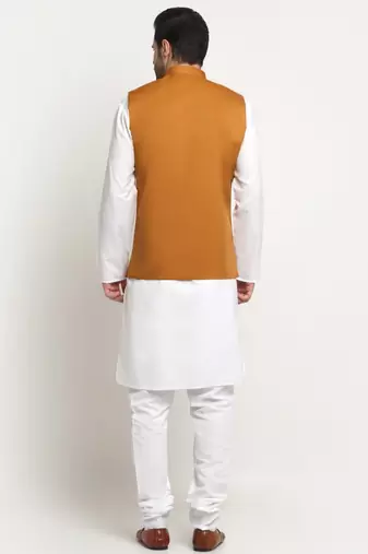 Men Cotton Solid White Kurta Churidar With Mustard Twill Nehru Jacket Set