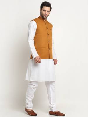 Men Cotton Solid White Kurta Churidar With Mustard Twill Nehru Jacket Set 4