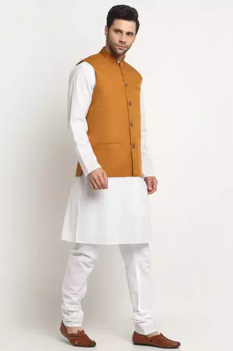 Men Cotton Solid White Kurta Churidar With Mustard Twill Nehru Jacket Set