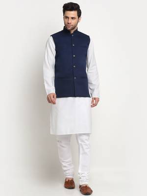 Men Cotton Solid White Kurta Churidar With Navy Blue Twill Nehru Jacket Set 1