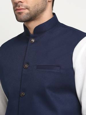 Men Cotton Solid White Kurta Churidar With Navy Blue Twill Nehru Jacket Set 2