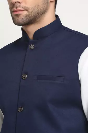 Men Cotton Solid White Kurta Churidar With Navy Blue Twill Nehru Jacket Set