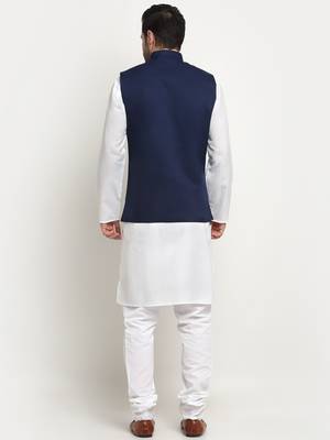 Men Cotton Solid White Kurta Churidar With Navy Blue Twill Nehru Jacket Set 3