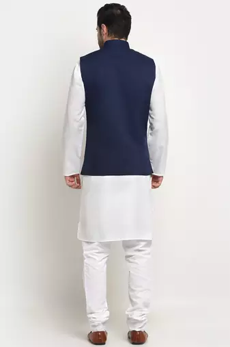 Men Cotton Solid White Kurta Churidar With Navy Blue Twill Nehru Jacket Set