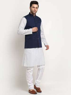 Men Cotton Solid White Kurta Churidar With Navy Blue Twill Nehru Jacket Set 4