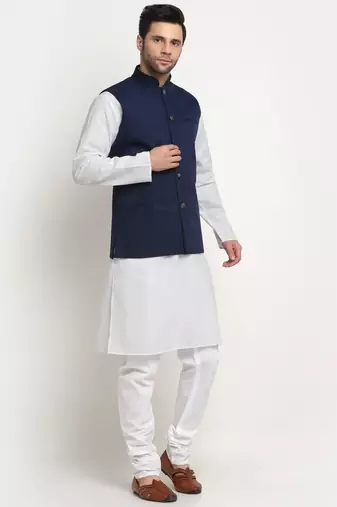 Men Cotton Solid White Kurta Churidar With Navy Blue Twill Nehru Jacket Set