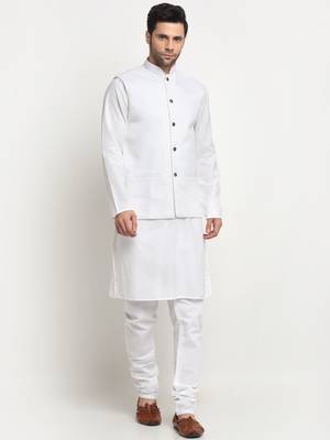 Men Cotton Solid White Kurta Churidar With White Twill Nehru Jacket Set 1