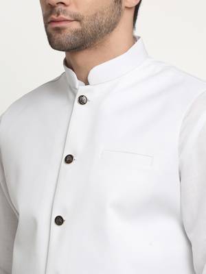 Men Cotton Solid White Kurta Churidar With White Twill Nehru Jacket Set 2