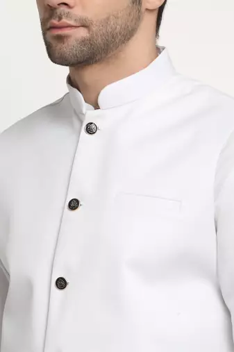 Men Cotton Solid White Kurta Churidar With White Twill Nehru Jacket Set