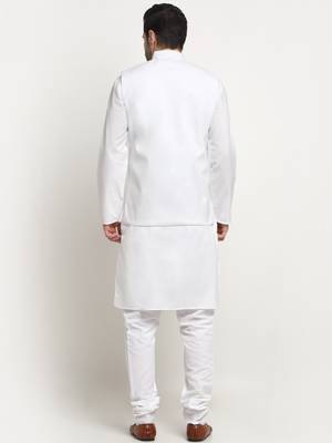 Men Cotton Solid White Kurta Churidar With White Twill Nehru Jacket Set 3