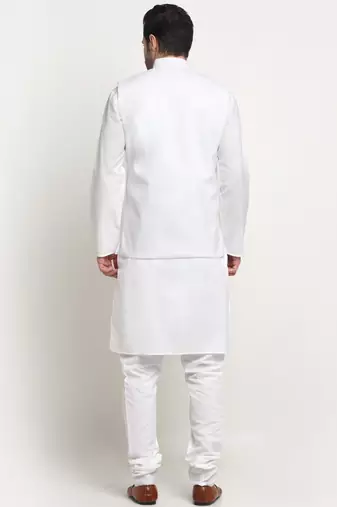 Men Cotton Solid White Kurta Churidar With White Twill Nehru Jacket Set