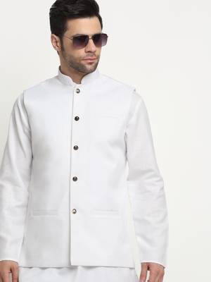 Men Cotton Solid White Kurta Churidar With White Twill Nehru Jacket Set 4