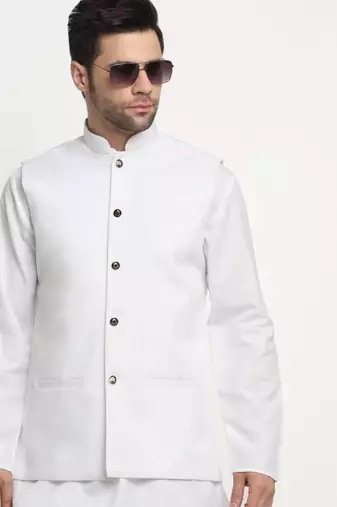 Men Cotton Solid White Kurta Churidar With White Twill Nehru Jacket Set