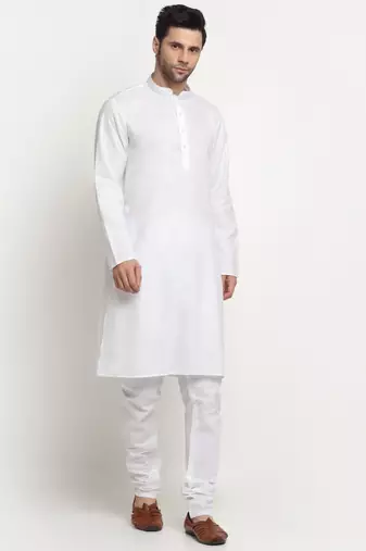 Men Cotton Solid White Kurta Churidar With White Twill Nehru Jacket Set