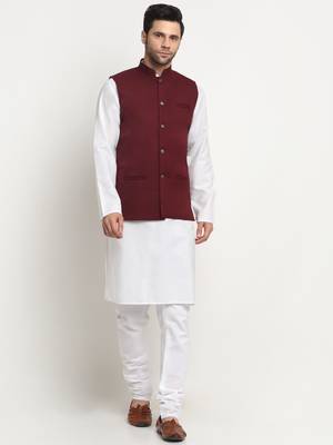 Men Cotton Solid White Kurta Churidar With Maroon Twill Nehru Jacket Set 1