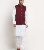 Men Cotton Solid White Kurta Churidar With Maroon Twill Nehru Jacket Set