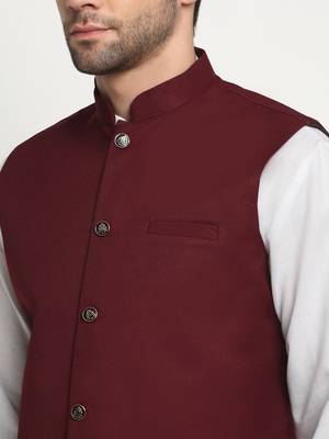 Men Cotton Solid White Kurta Churidar With Maroon Twill Nehru Jacket Set 2