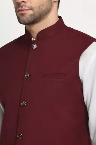 Men Cotton Solid White Kurta Churidar With Maroon Twill Nehru Jacket Set