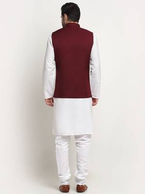 Men Cotton Solid White Kurta Churidar With Maroon Twill Nehru Jacket Set 3