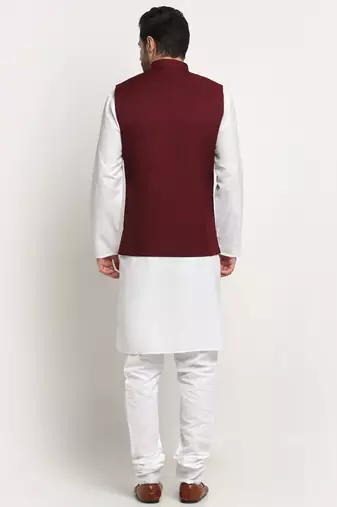 Men Cotton Solid White Kurta Churidar With Maroon Twill Nehru Jacket Set