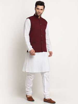 Men Cotton Solid White Kurta Churidar With Maroon Twill Nehru Jacket Set 4