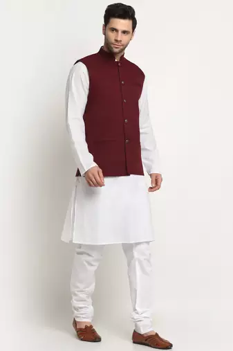 Men Cotton Solid White Kurta Churidar With Maroon Twill Nehru Jacket Set