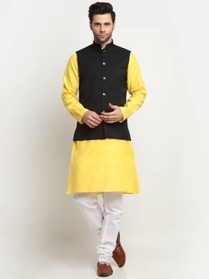 Men Cotton Solid Yellow Kurta Churidar With Black Twill Nehru Jacket Set 1