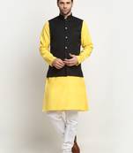Men Cotton Solid Yellow Kurta Churidar With Black Twill Nehru Jacket Set