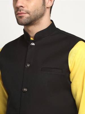 Men Cotton Solid Yellow Kurta Churidar With Black Twill Nehru Jacket Set 2
