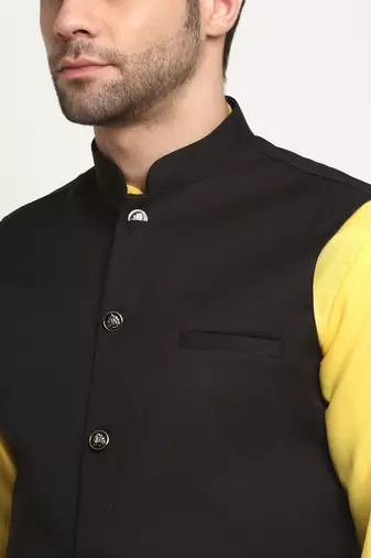 Men Cotton Solid Yellow Kurta Churidar With Black Twill Nehru Jacket Set
