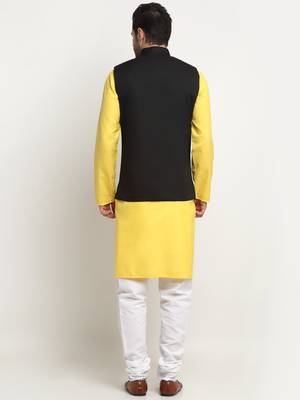 Men Cotton Solid Yellow Kurta Churidar With Black Twill Nehru Jacket Set 3