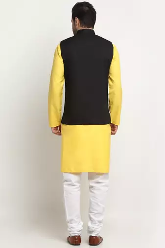Men Cotton Solid Yellow Kurta Churidar With Black Twill Nehru Jacket Set