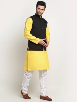 Men Cotton Solid Yellow Kurta Churidar With Black Twill Nehru Jacket Set 4