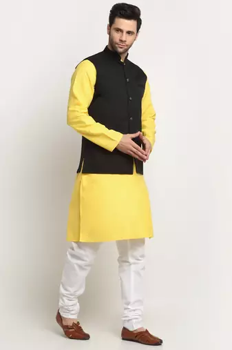 Men Cotton Solid Yellow Kurta Churidar With Black Twill Nehru Jacket Set