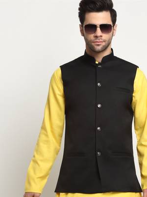 Men Cotton Solid Yellow Kurta Churidar With Black Twill Nehru Jacket Set 5
