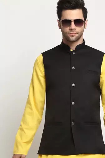 Men Cotton Solid Yellow Kurta Churidar With Black Twill Nehru Jacket Set