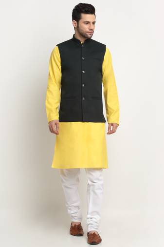 Men Cotton Solid Yellow Kurta Churidar With Green Twill Nehru Jacket Set