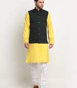 Men Cotton Solid Yellow Kurta Churidar With Green Twill Nehru Jacket Set