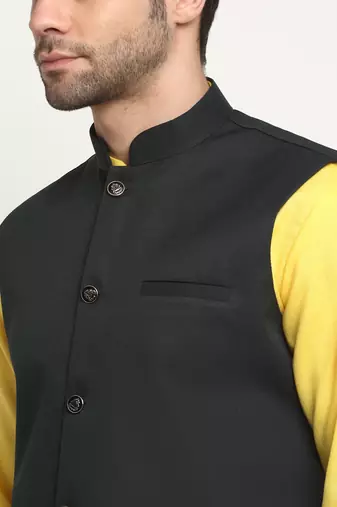 Men Cotton Solid Yellow Kurta Churidar With Green Twill Nehru Jacket Set