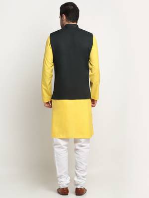 Men Cotton Solid Yellow Kurta Churidar With Green Twill Nehru Jacket Set 3