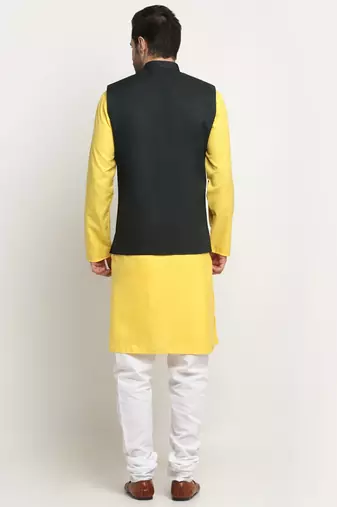 Men Cotton Solid Yellow Kurta Churidar With Green Twill Nehru Jacket Set