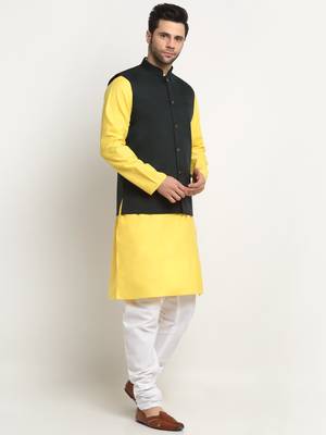 Men Cotton Solid Yellow Kurta Churidar With Green Twill Nehru Jacket Set 4