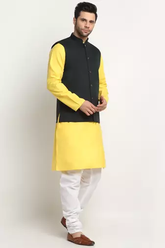 Men Cotton Solid Yellow Kurta Churidar With Green Twill Nehru Jacket Set