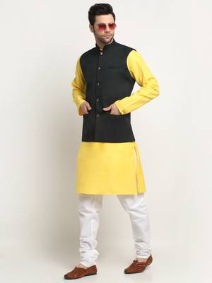 Men Cotton Solid Yellow Kurta Churidar With Green Twill Nehru Jacket Set 5
