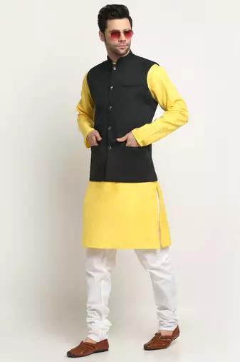 Men Cotton Solid Yellow Kurta Churidar With Green Twill Nehru Jacket Set