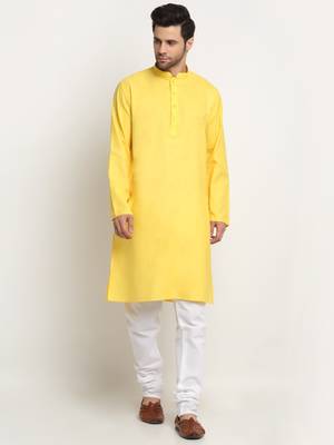 Men Cotton Solid Yellow Kurta Churidar With Green Twill Nehru Jacket Set 6