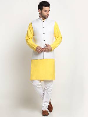 Men Cotton Solid Yellow Kurta Churidar With White Twill Nehru Jacket Set 1