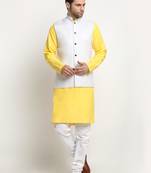 Men Cotton Solid Yellow Kurta Churidar With White Twill Nehru Jacket Set