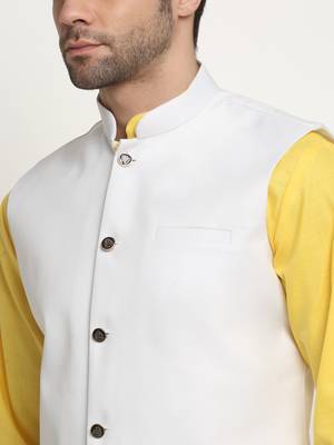 Men Cotton Solid Yellow Kurta Churidar With White Twill Nehru Jacket Set 2