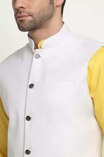 Men Cotton Solid Yellow Kurta Churidar With White Twill Nehru Jacket Set